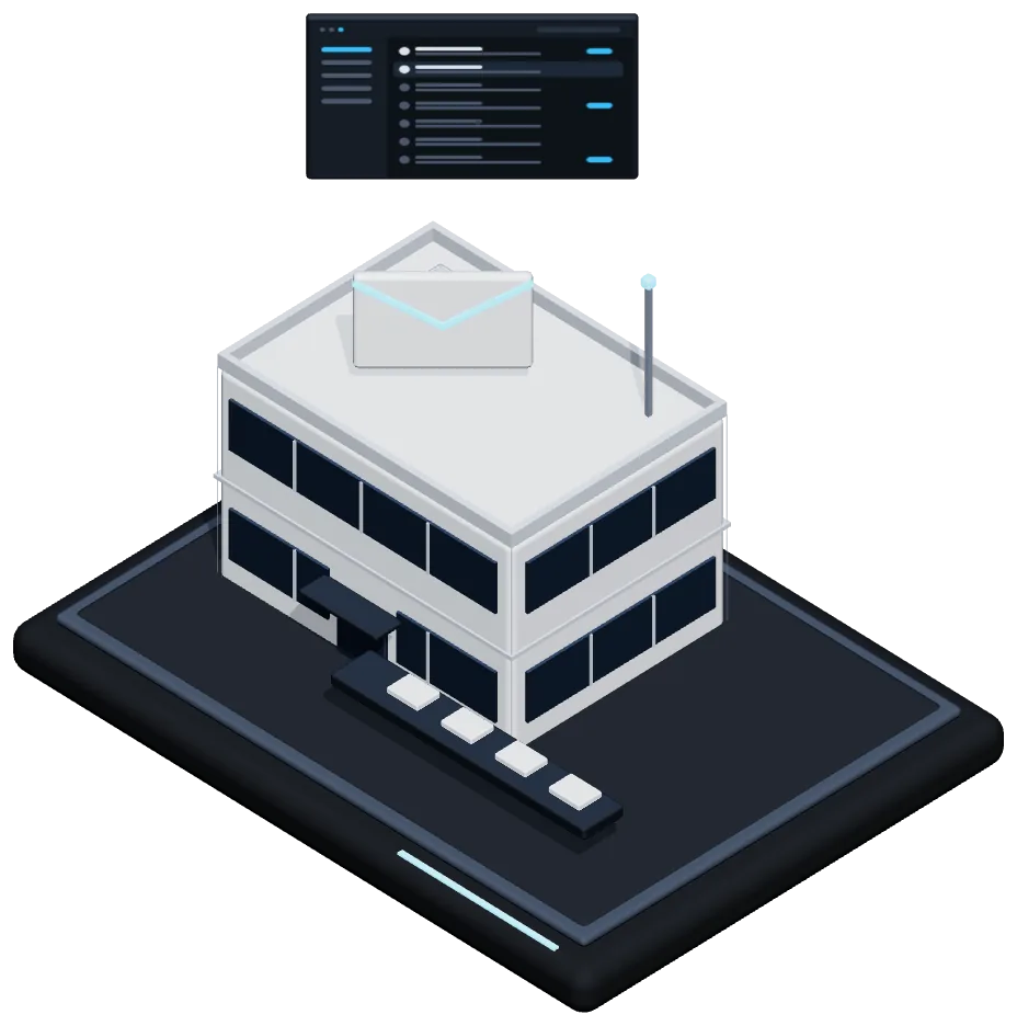 Isometric model of a mail hub with an inbox panel, the Dispatch email platform