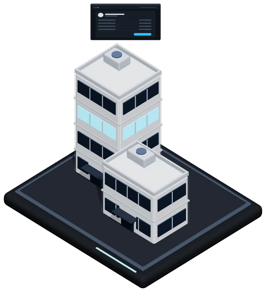 Isometric model of office towers with a payslip panel, the Crewline payroll platform