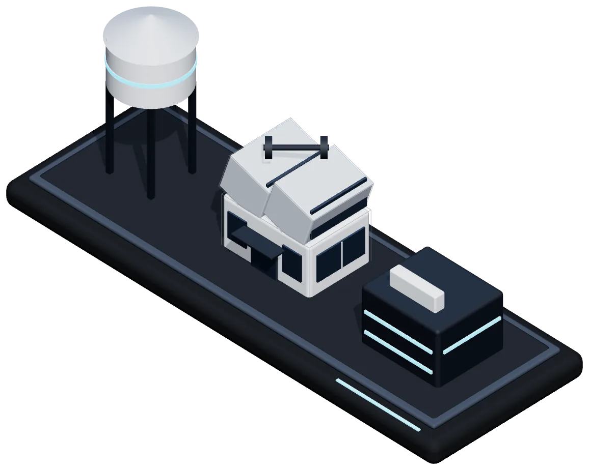 Isometric models of a water tower, a gym and a game zone on one plinth